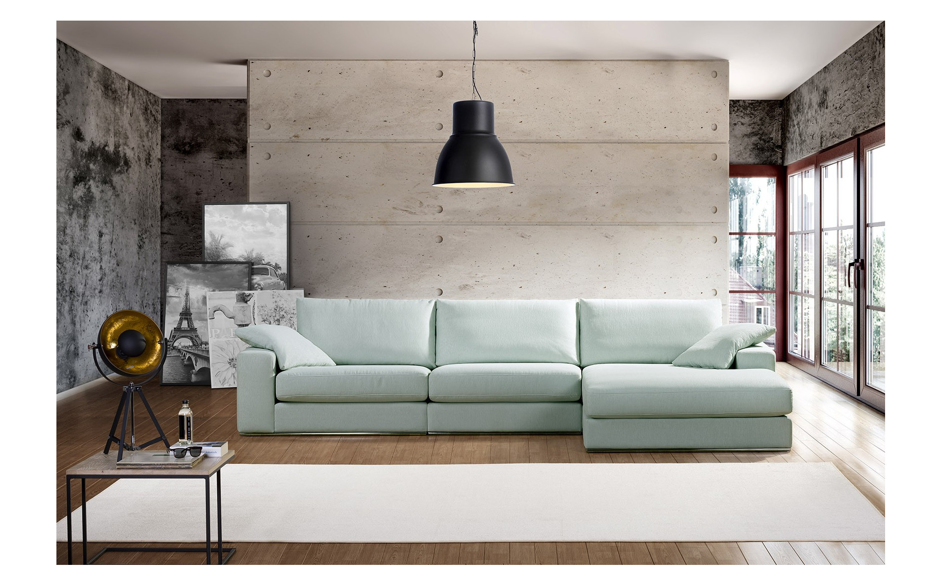 Alberta nowoczesna sofa z szezlongiem i siedziskami Max, szerokość 337 cm
